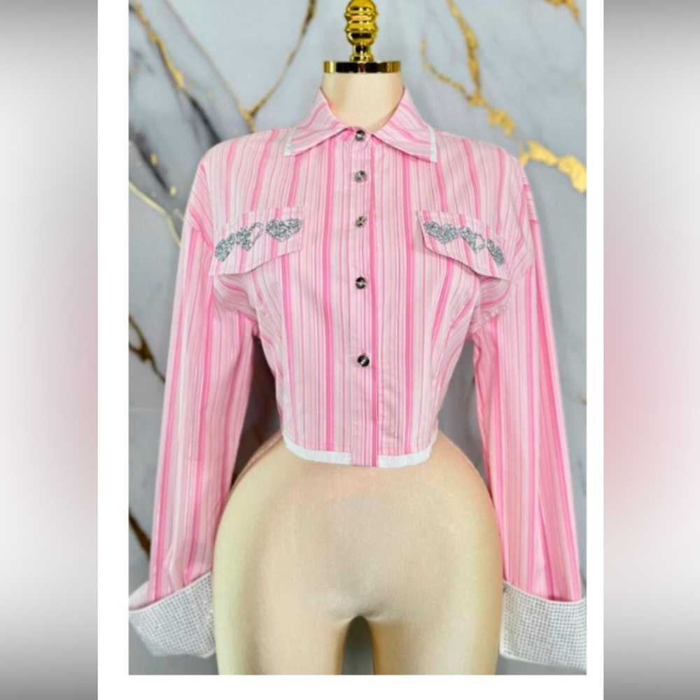 Women's Pink Striped Cropped Button-Down Shirt with Embellished Pockets